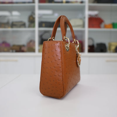 Christian Dior Lady Dior Ostrich Leather Handbag In Camel Brown