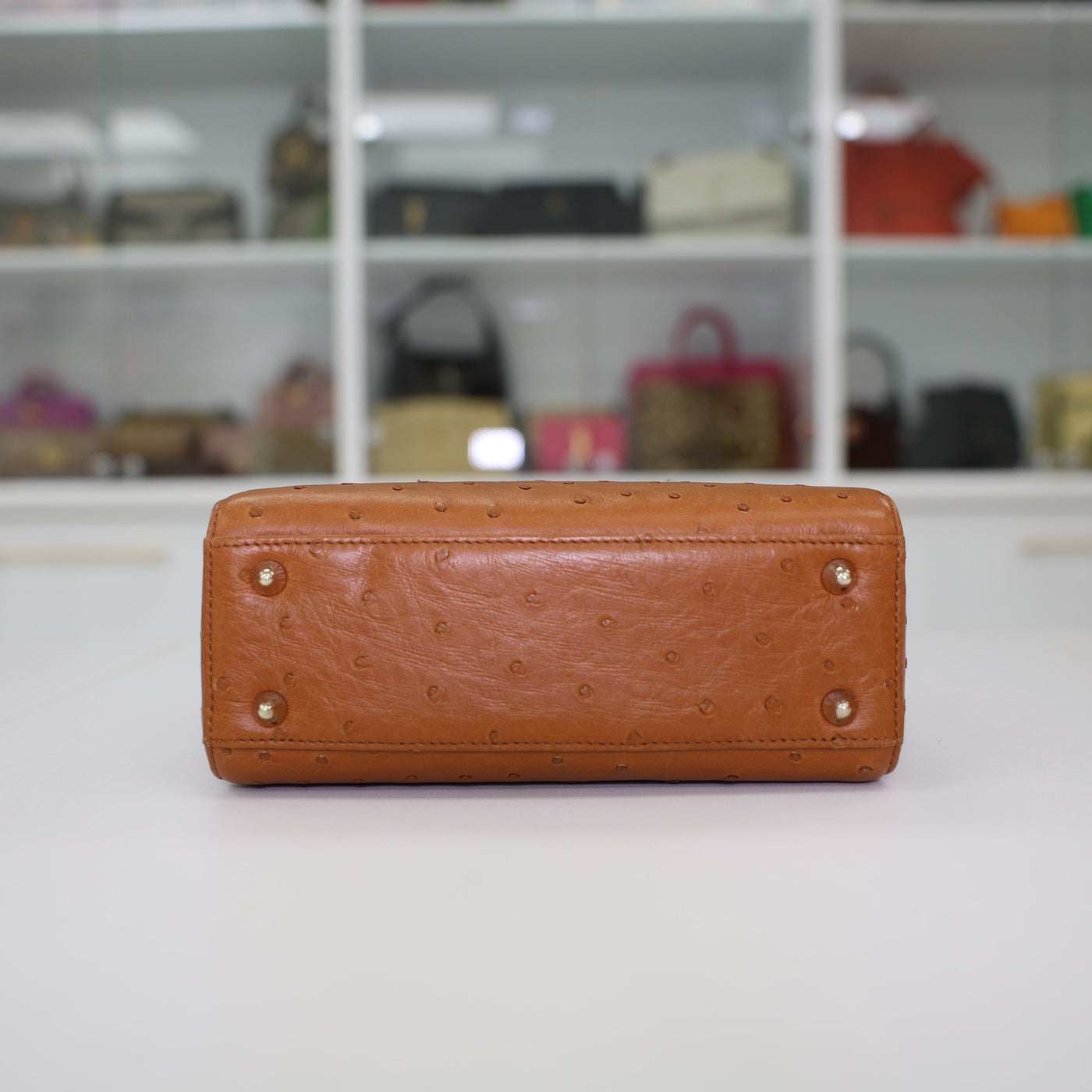 Christian Dior Lady Dior Ostrich Leather Handbag In Camel Brown