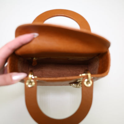 Christian Dior Lady Dior Ostrich Leather Handbag In Camel Brown