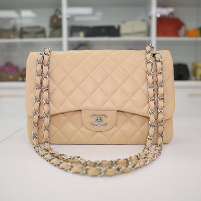 CHANEL Double Flap Jumbo Lambskin Leather Bag In Beige