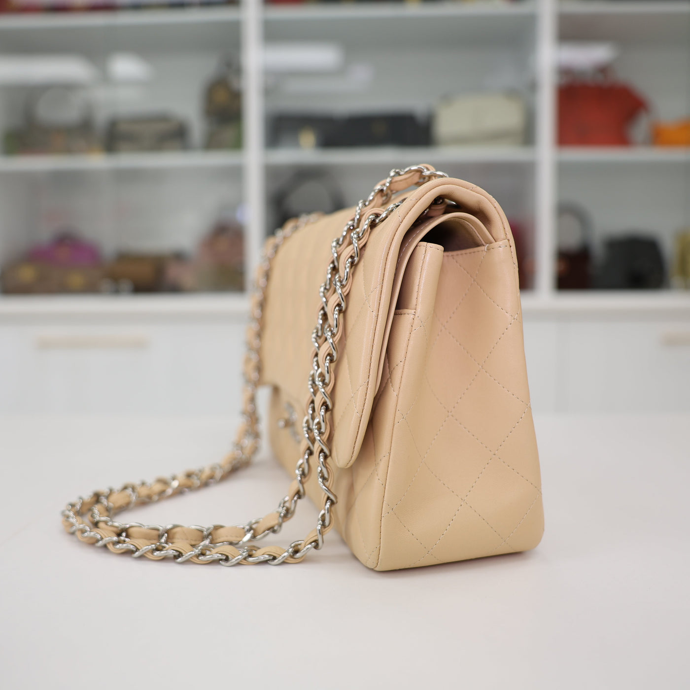 CHANEL Double Flap Jumbo Lambskin Leather Bag In Beige