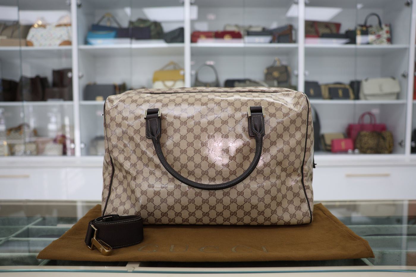 Gucci GG Crystal Canvas Duffle Bag With Crossbody Strap
