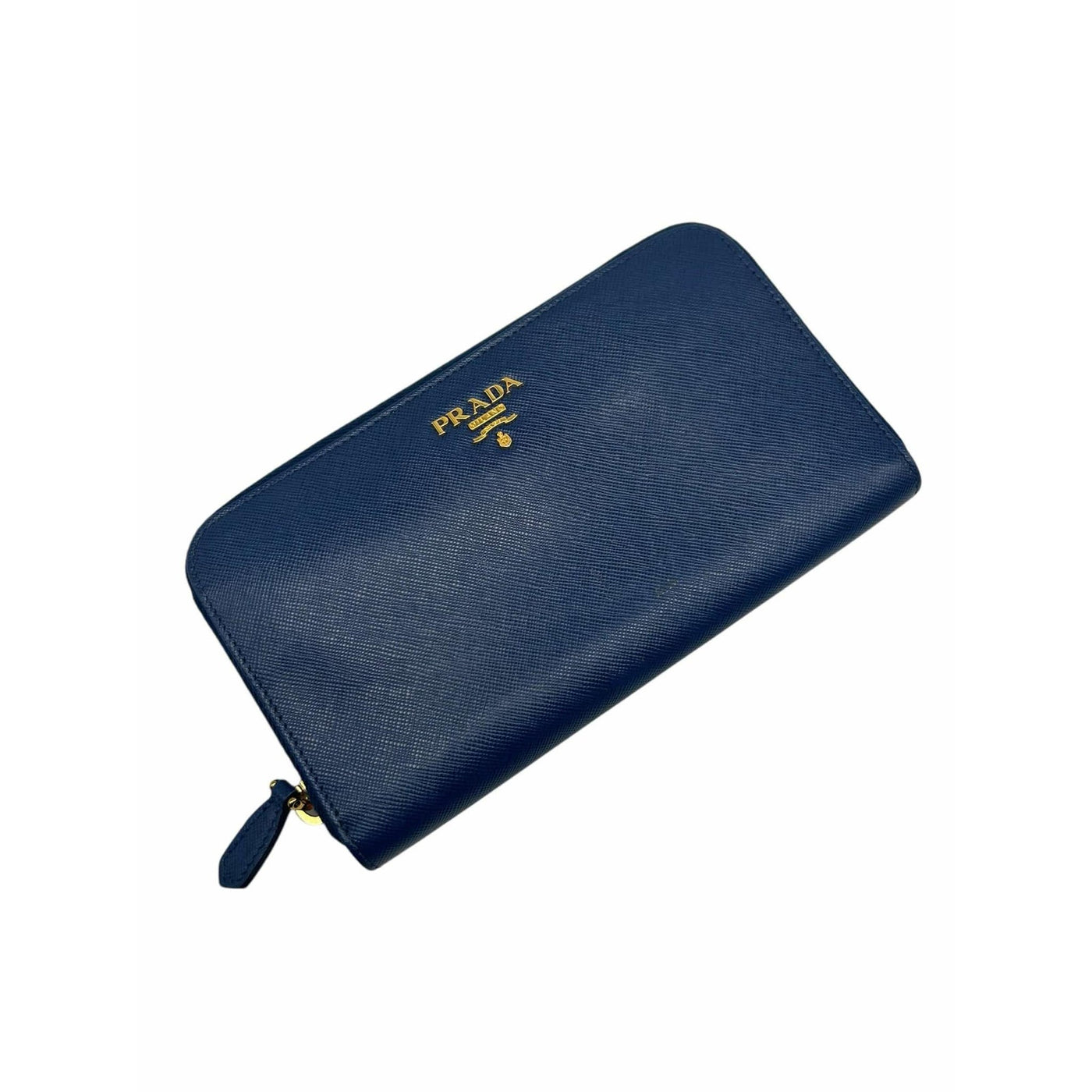 Cartera de piel azul Prada con cremallera dorada