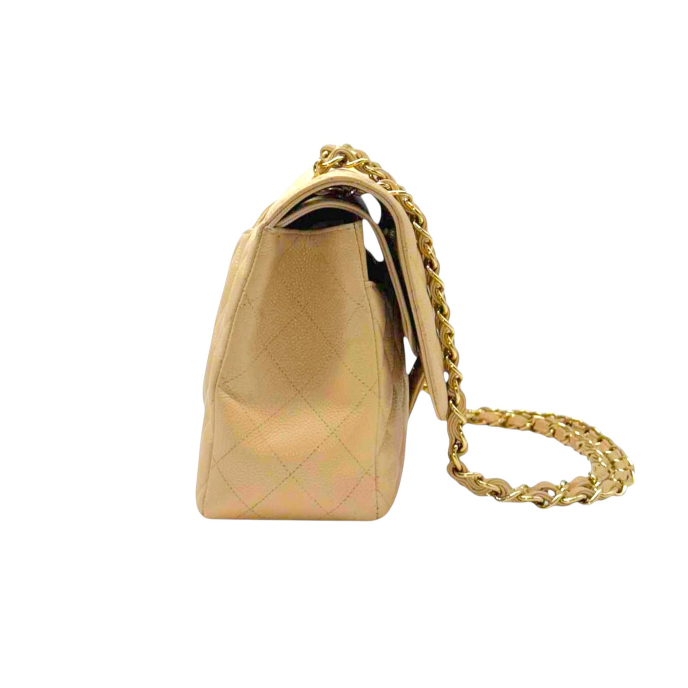 CHANEL Double Flap Jumbo Caviar Leather In Beige With Gold Chain Strap