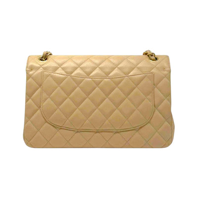 CHANEL Double Flap Jumbo Caviar Leather In Beige With Gold Chain Strap