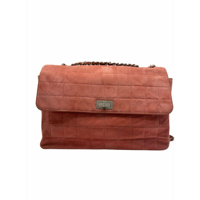 Pre Owned Chanel Suede Square Quilted Mademoiselle Flap Pink