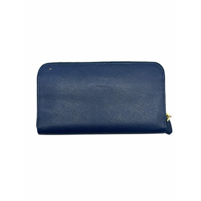 Prada Blue Leather Wallet with Gold Zipper