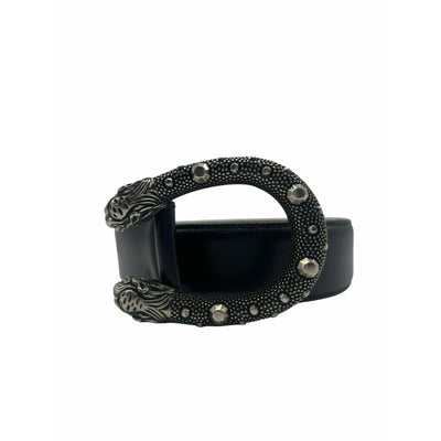 Gucci Dionysus Leather Black Belt w/ Double Tiger Head Buckle