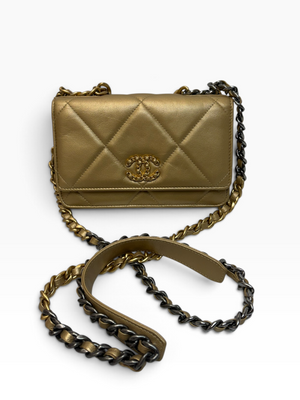 Chanel metallic gold quilted 19 wallet on chain WOC Gold