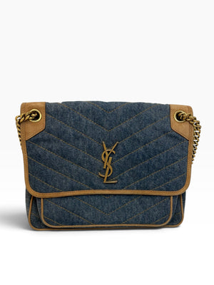 SAINT LAURENT
Denim Suede Monogram Medium Niki Chain Satchel Blue Cinnamon
