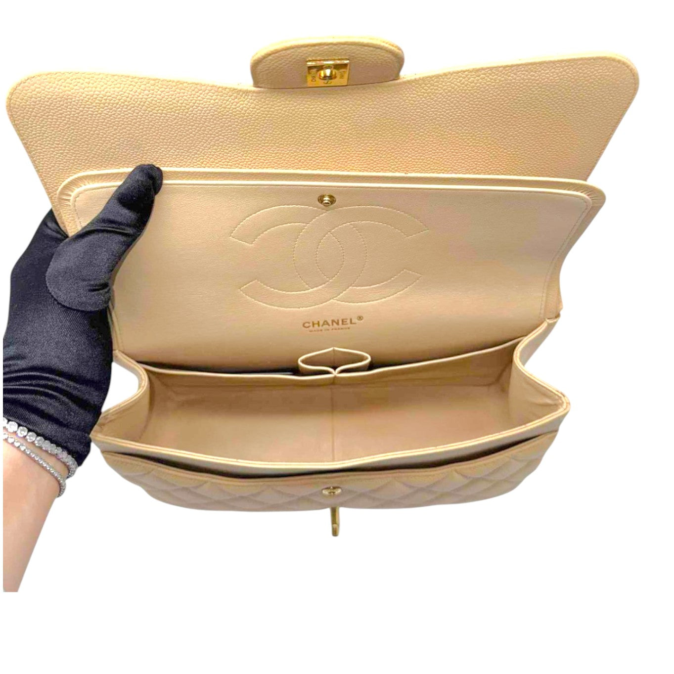 CHANEL Double Flap Jumbo Caviar Leather In Beige With Gold Chain Strap
