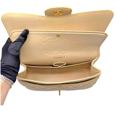 CHANEL Double Flap Jumbo Caviar Leather In Beige With Gold Chain Strap