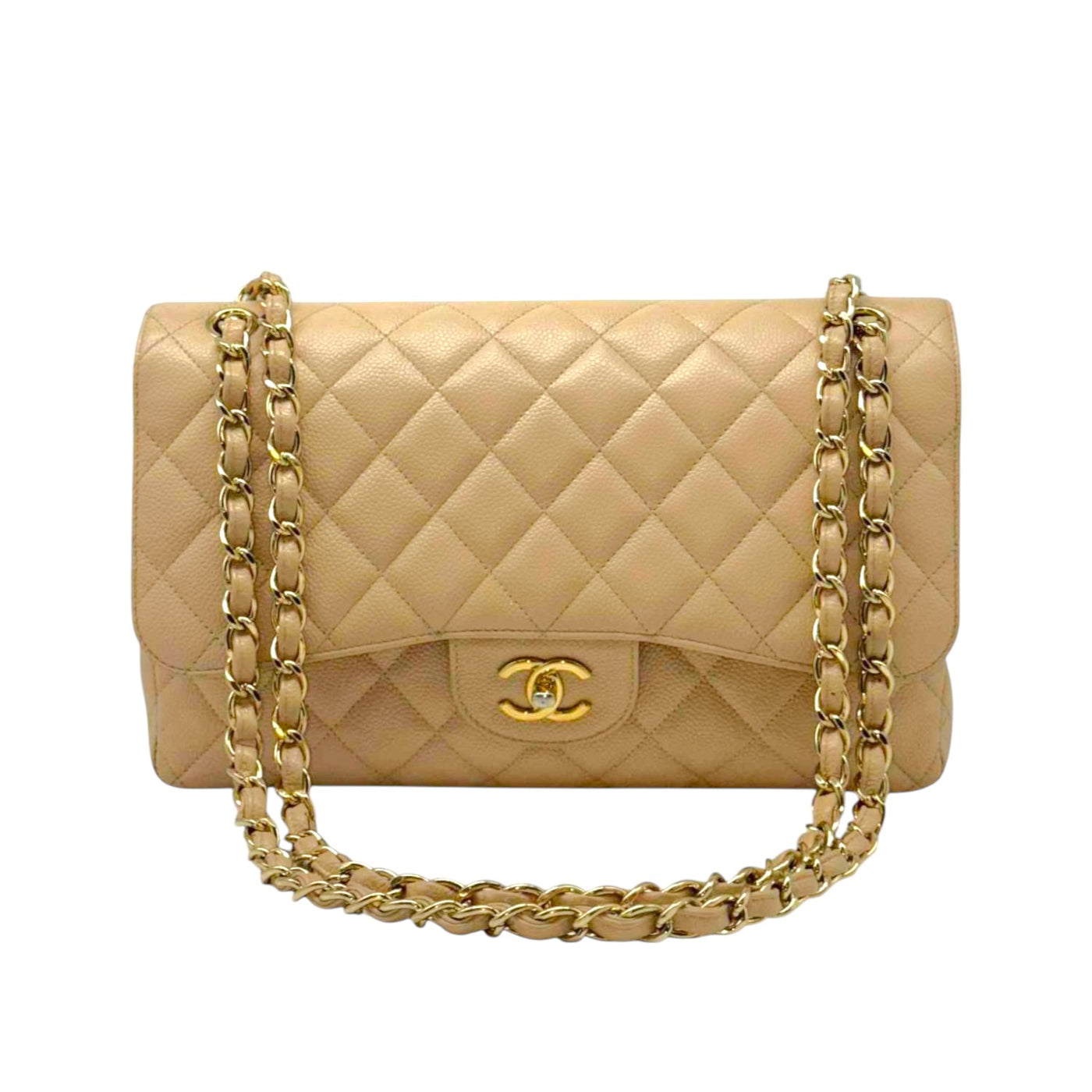 CHANEL Double Flap Jumbo Caviar Leather In Beige With Gold Chain Strap