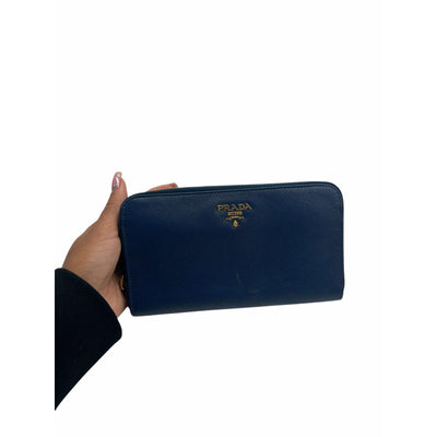 Prada Blue Leather Wallet with Gold Zipper