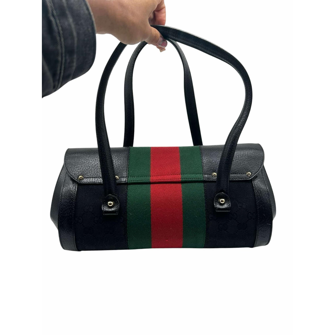 Pre Owned Gucci Calfskin Web Bamboo Bullet Satchel