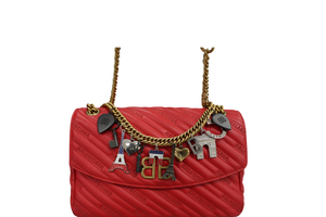 BALENCIAGA BB ROUND PROMINENT GOLD LOGO CLASP AND CHARMS LADEN CHAIN STRAP HANDBAG